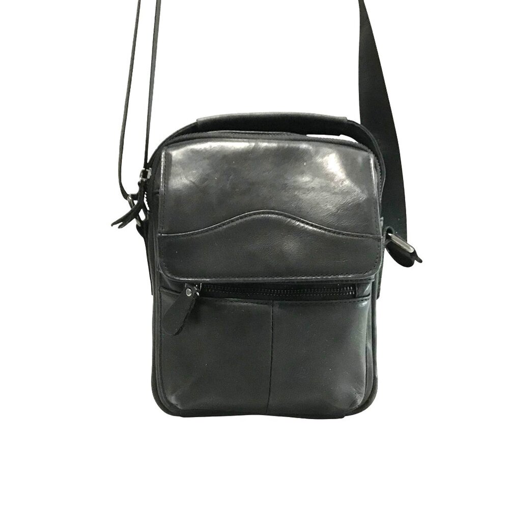 Black Leather Man Adjustable Crossbody Bag Front Pocket